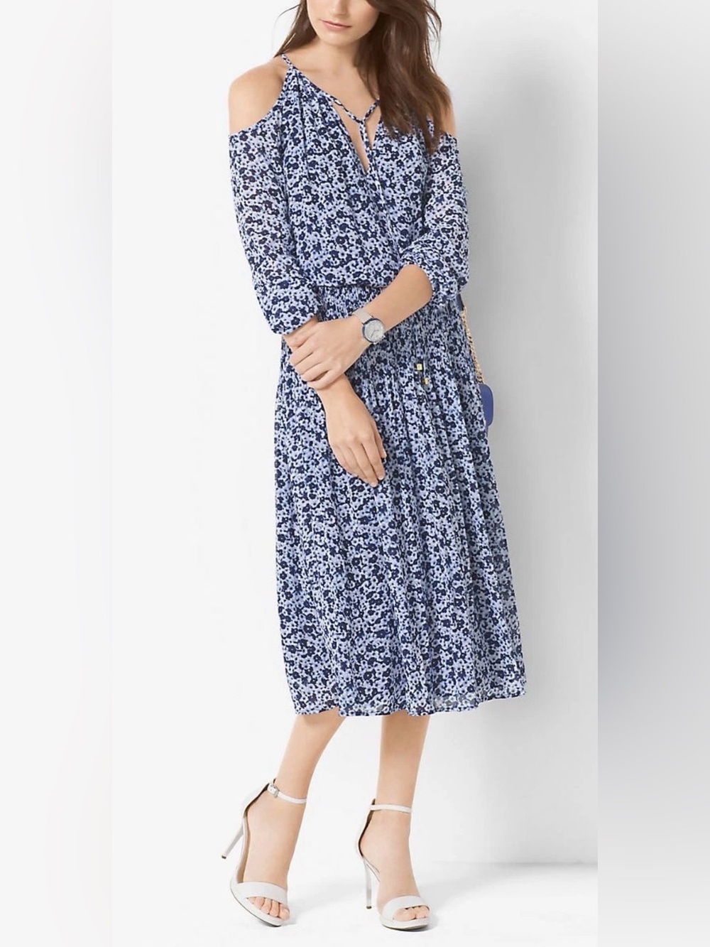 👗 MICHAEL KORS Blue Floral Print Midi Dress